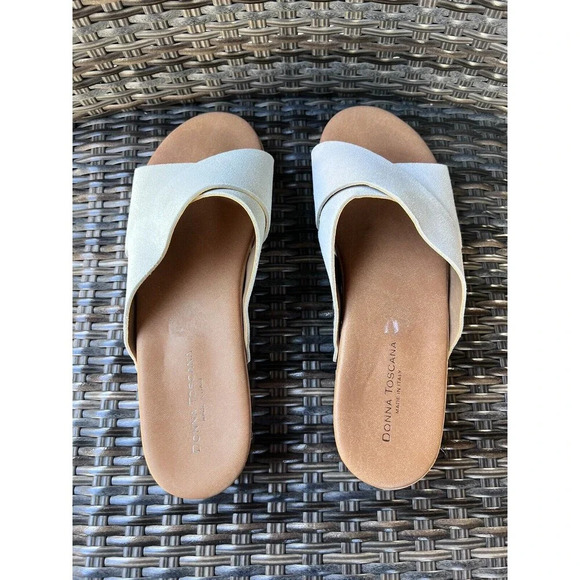 Donna Toscana Italy Womens Size‎ 9 Shoes Beige Suede Slides Wood Sandals New - Picture 2 of 6